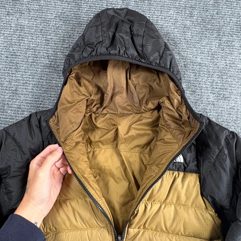The North Face Boys S 7/8 550 Down Puffer Jacket Brown Black Hooded Colorblock - Picture 2 of 7